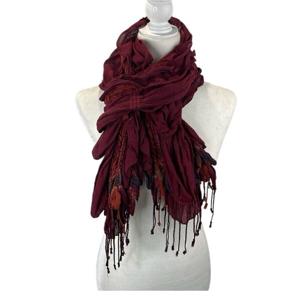 Scarf Rectangular Ruffle Burgundy Colorful with Fringe - Picture 1 of 6